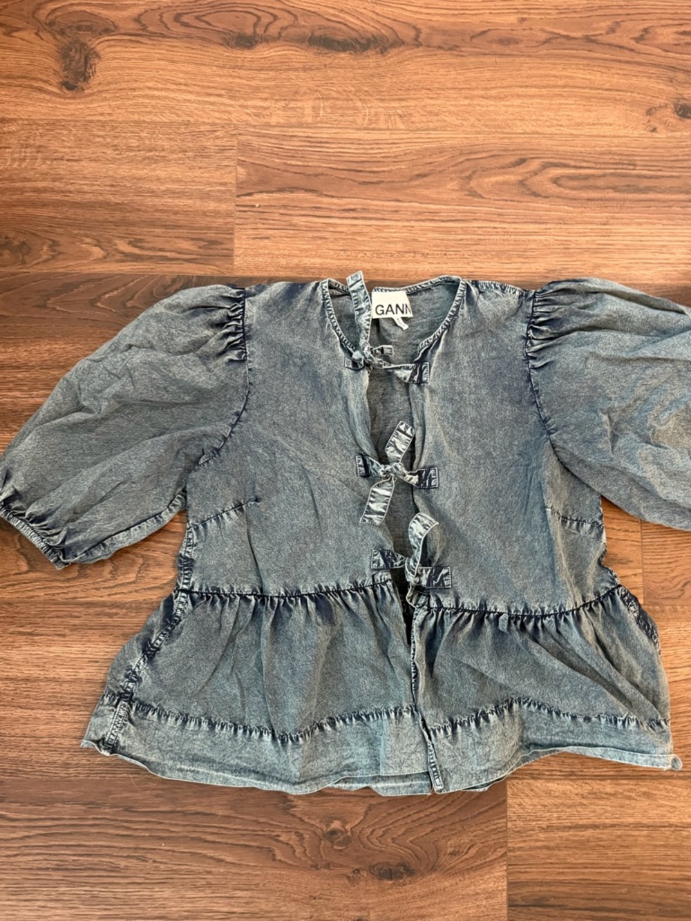 GANNI Denim Puff-Sleeve Top in Faded Blue